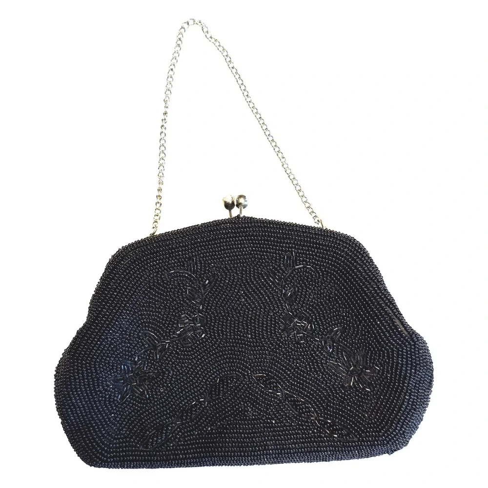 Vintage‎ Made in Japan Black Beaded Evening Purse Rhinestone Clasp Chain Handle